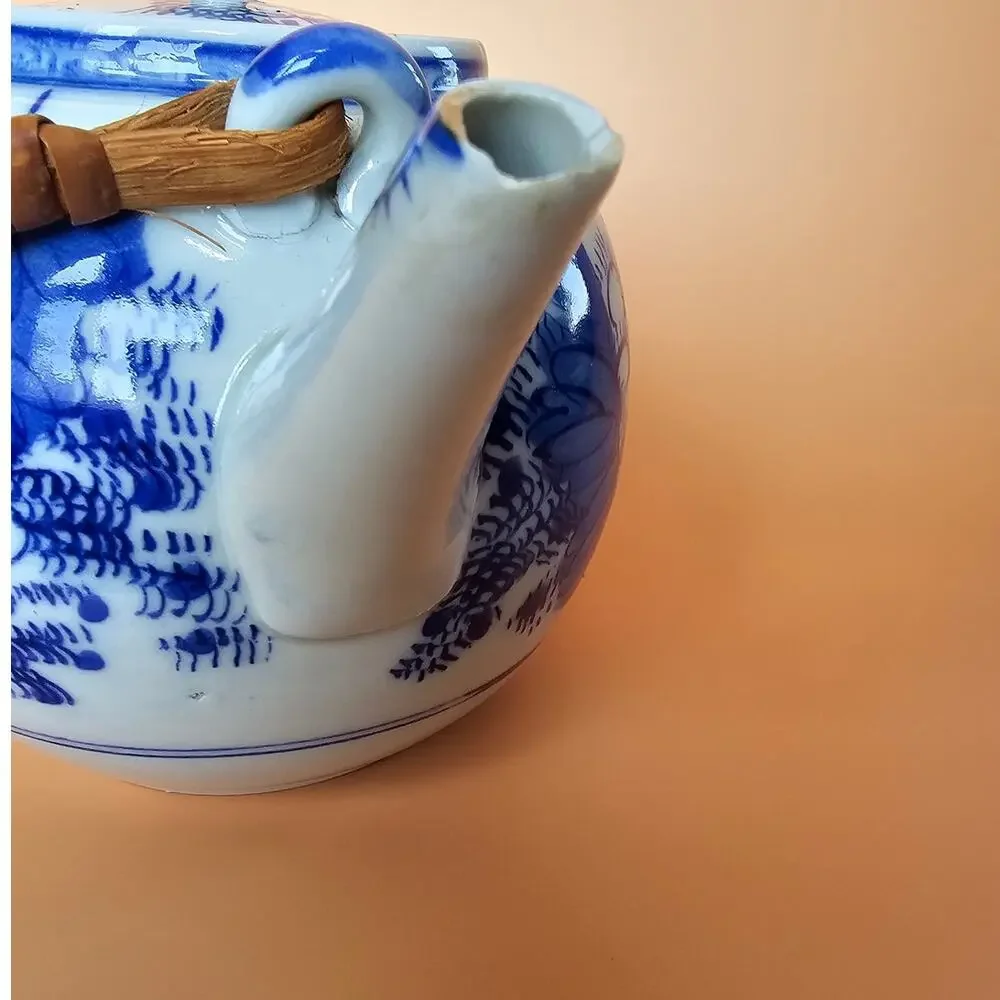 Vintage Blue White Teapot Wicker Handle Lid - Chinoiserie Style